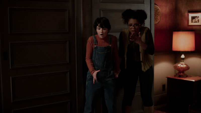 Lachlan Watson and Jaz Sinclair as Sabrina’s friends, Susie and Rosalind.